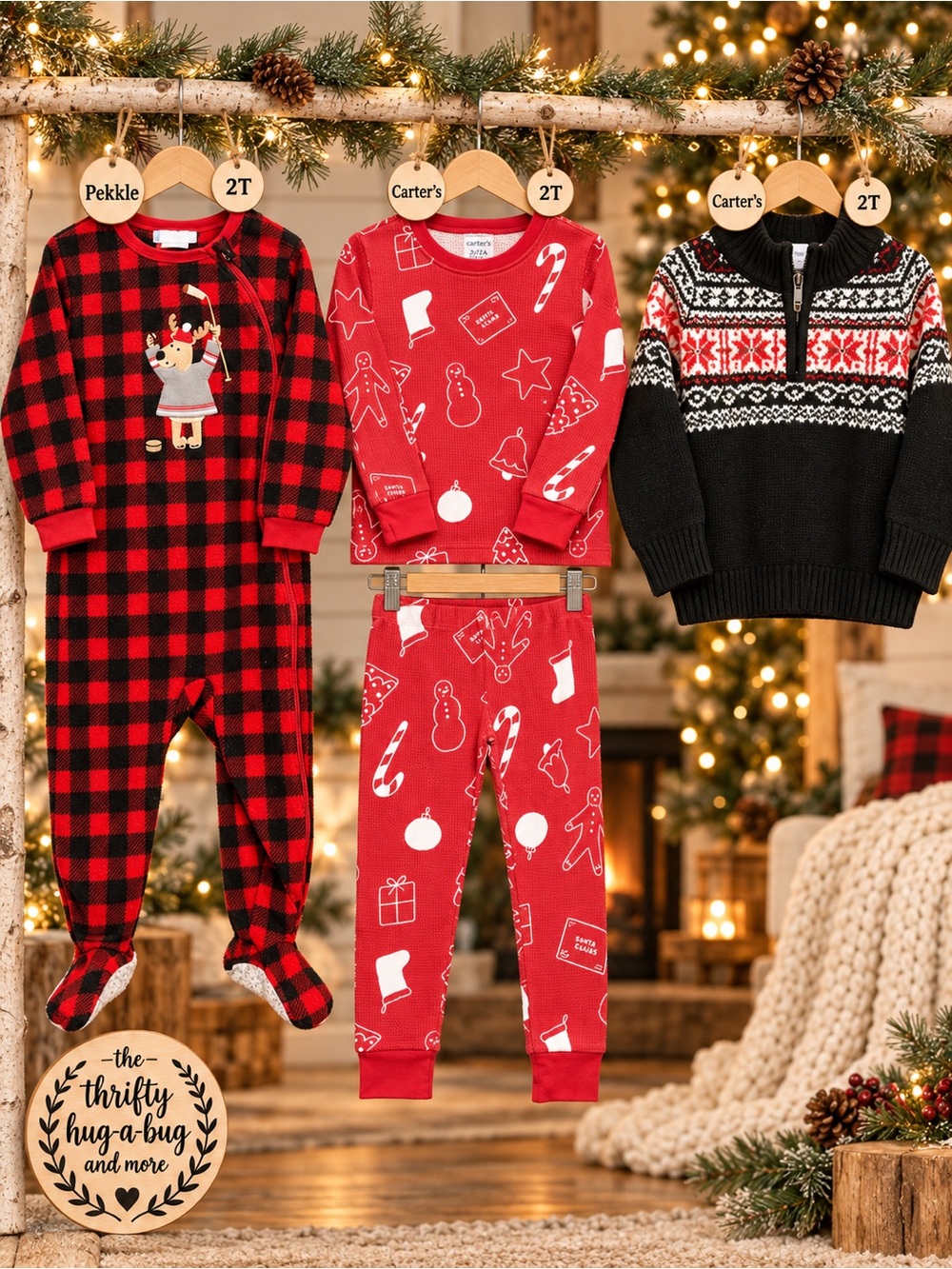 Carter’s Pekkle 2T Christmas Bundle 4 Pieces Pajamas Sweater Buffalo Plaid